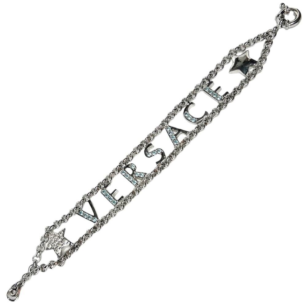 AUTH VTG Gianni Versace Silver Metal Chain Spellout Logo Rhinestone Bracelet